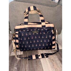 JuJu Be Nautical Anchor Diaper Bag Tote Navy Peach Striped Gold‎ Accents